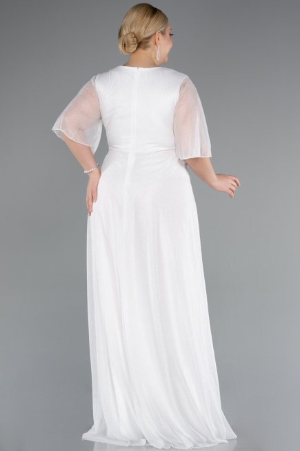 White Short Sleeve V Neck Long Glittery Plus Size Evening Dress ABU4887