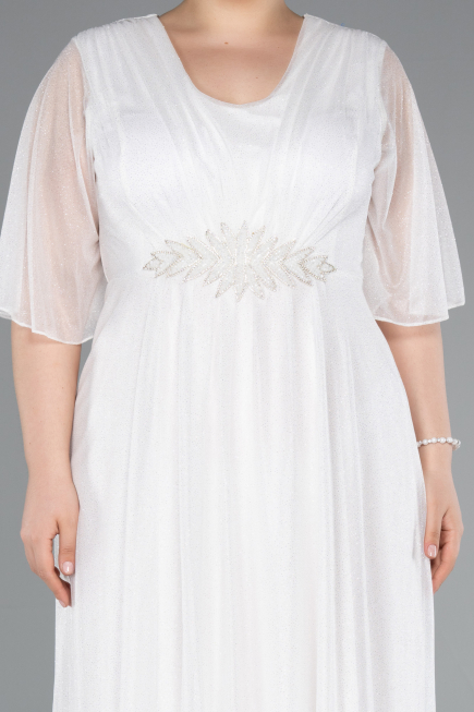 White Short Sleeve V Neck Long Glittery Plus Size Evening Dress ABU4887