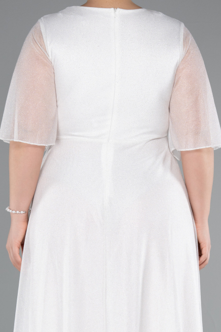 White Short Sleeve V Neck Long Glittery Plus Size Evening Dress ABU4887