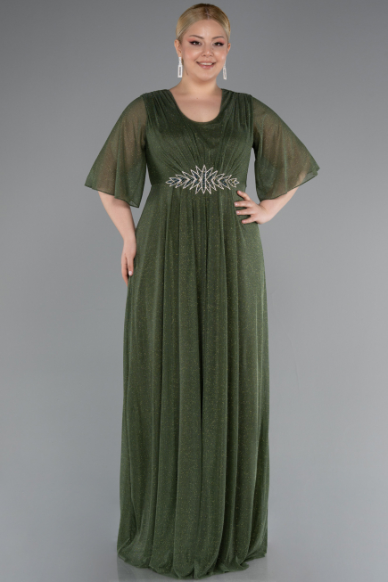 Olive Drab Short Sleeve V Neck Long Glittery Plus Size Evening Dress ABU4887