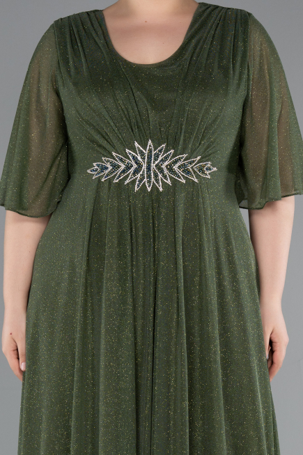 Olive Drab Short Sleeve V Neck Long Glittery Plus Size Evening Dress ABU4887