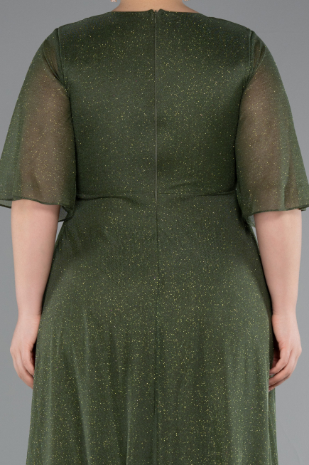 Olive Drab Short Sleeve V Neck Long Glittery Plus Size Evening Dress ABU4887