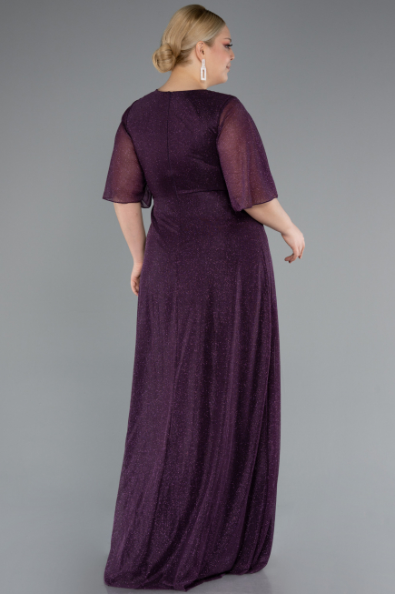 Dark Purple Short Sleeve V Neck Long Glittery Plus Size Evening Dress ABU4887