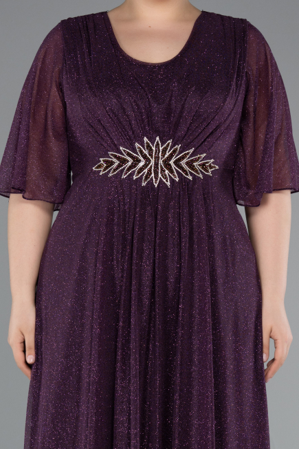 Dark Purple Short Sleeve V Neck Long Glittery Plus Size Evening Dress ABU4887