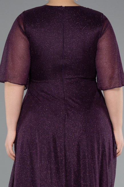Dark Purple Short Sleeve V Neck Long Glittery Plus Size Evening Dress ABU4887