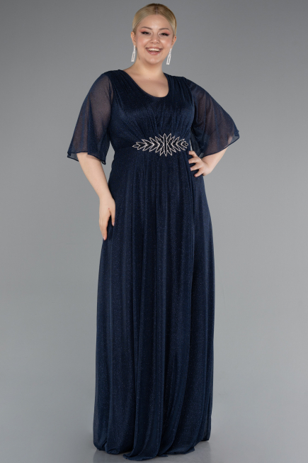 Navy Blue Short Sleeve V Neck Long Glittery Plus Size Evening Dress ABU4887