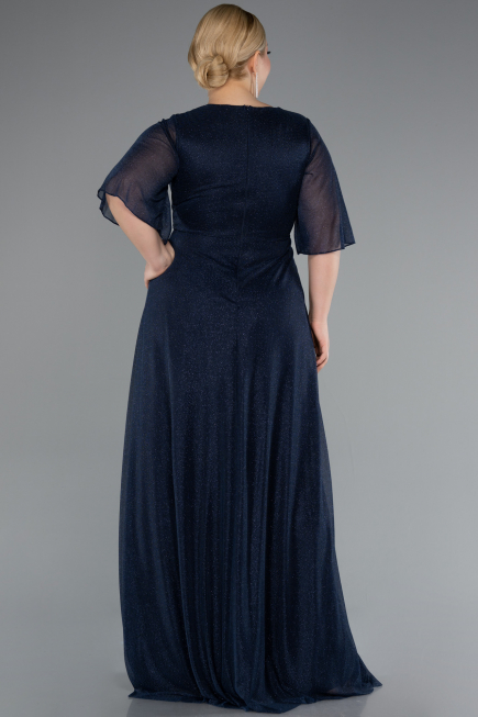 Navy Blue Short Sleeve V Neck Long Glittery Plus Size Evening Dress ABU4887