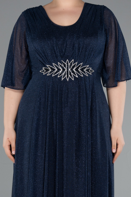 Navy Blue Short Sleeve V Neck Long Glittery Plus Size Evening Dress ABU4887