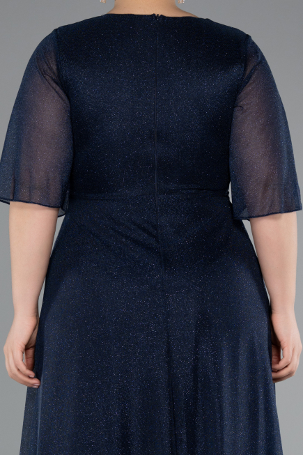 Navy Blue Short Sleeve V Neck Long Glittery Plus Size Evening Dress ABU4887