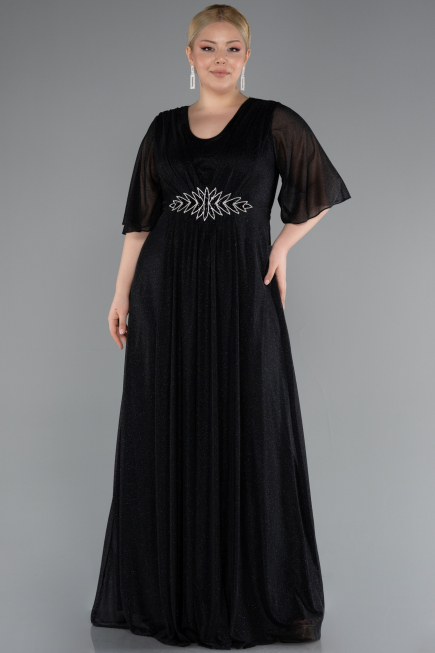 Black Short Sleeve V Neck Long Glittery Plus Size Evening Dress ABU4887