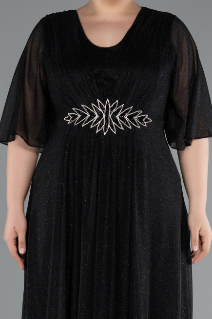 Black Short Sleeve V Neck Long Glittery Plus Size Evening Dress ABU4887