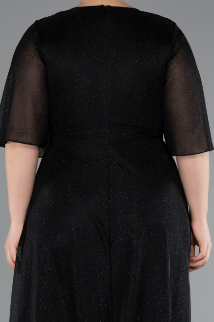 Black Short Sleeve V Neck Long Glittery Plus Size Evening Dress ABU4887