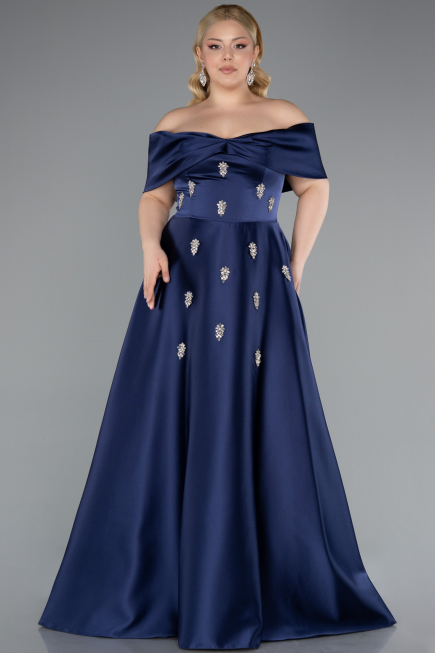 Long Navy Blue Satin Plus Size Evening Gown ABU4998