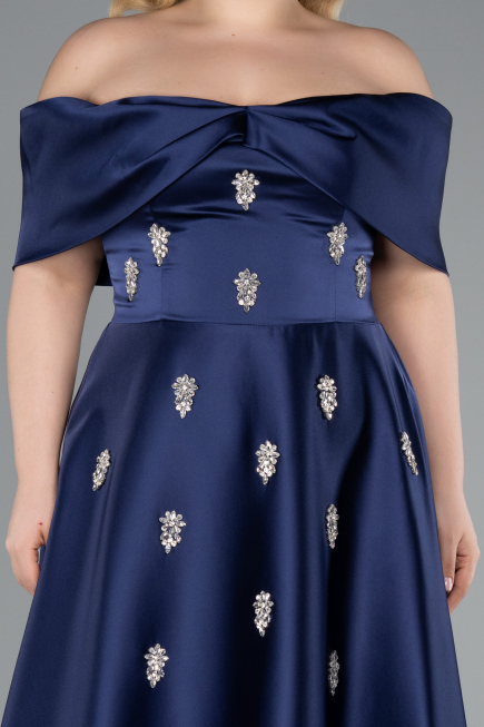 Long Navy Blue Satin Plus Size Evening Gown ABU4998