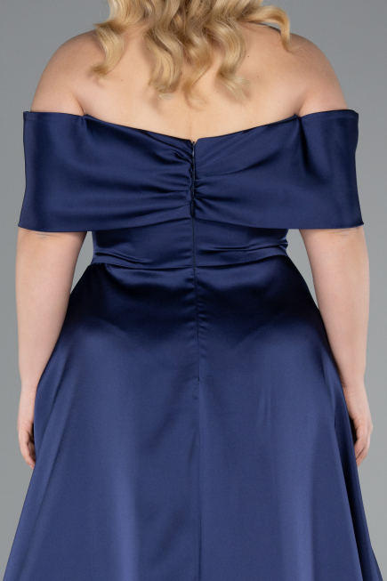Long Navy Blue Satin Plus Size Evening Gown ABU4998