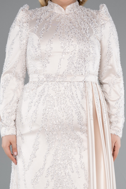 Long Beige Beaded Large Size Dress ABU4942