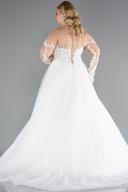 White Laced Long Sleeve Princess Plus Size Wedding Dress ABG041