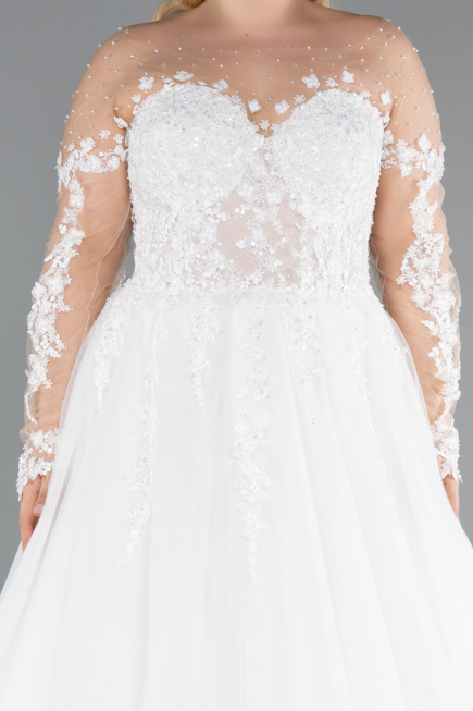 White Laced Long Sleeve Princess Plus Size Wedding Dress ABG041