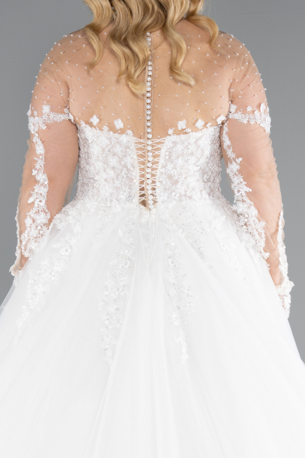 White Laced Long Sleeve Princess Plus Size Wedding Dress ABG041