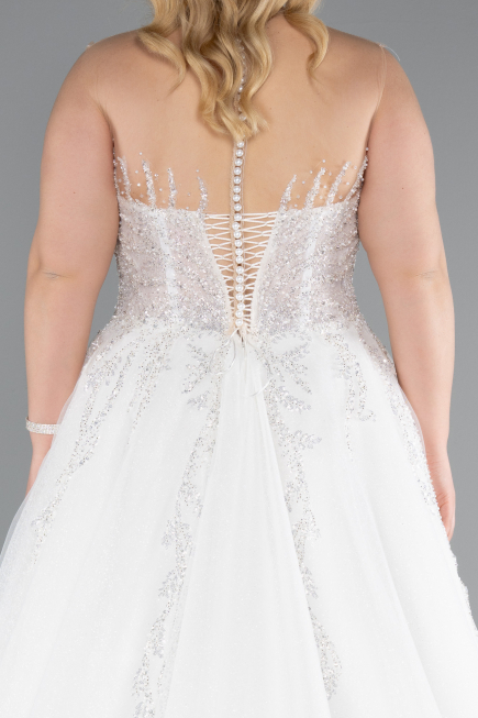 White Strapless Long Neckline Stoned Plus Size Wedding Dress ABG040
