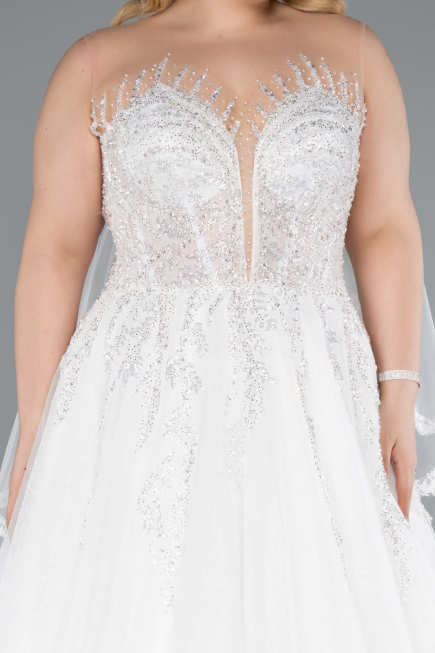 White Strapless Long Neckline Stoned Plus Size Wedding Dress ABG040