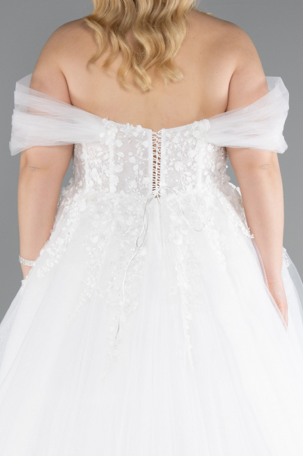 White Off Shoulder Corset Tulle Ball Gown Wedding Dress ABG126