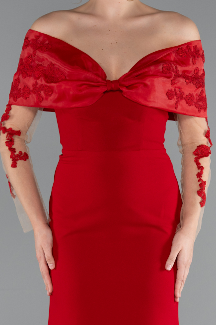 Red Boat Neck Guipure Long Sleeve Fishtail Evening Dress ABU4343