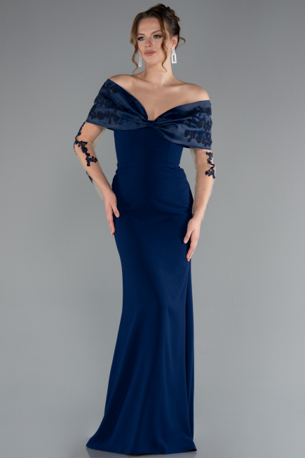 Navy Blue Boat Neck Guipure Long Sleeve Fishtail Evening Dress ABU4343
