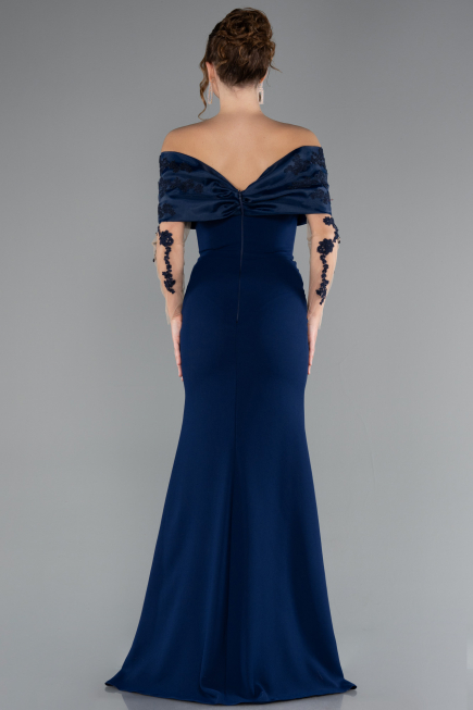 Navy Blue Boat Neck Guipure Long Sleeve Fishtail Evening Dress ABU4343