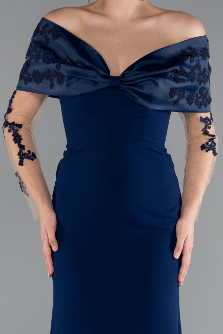Navy Blue Boat Neck Guipure Long Sleeve Fishtail Evening Dress ABU4343