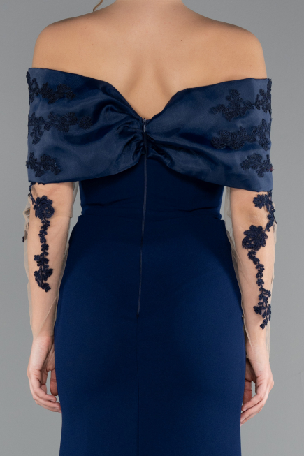 Navy Blue Boat Neck Guipure Long Sleeve Fishtail Evening Dress ABU4343