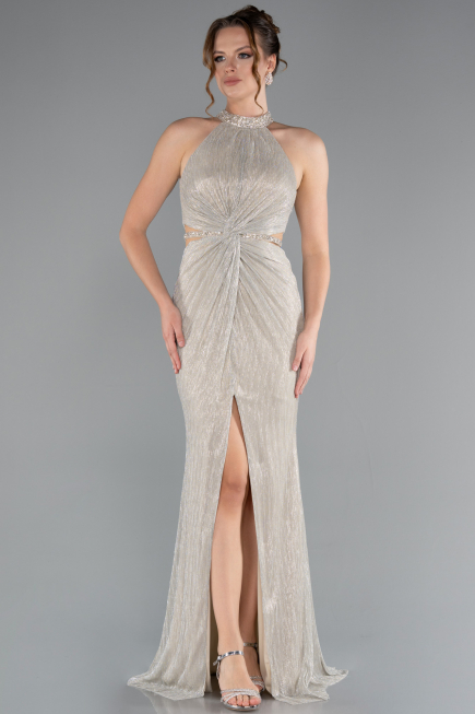 Beige Halter Neck Slit Long Evening Gown ABU4324