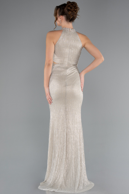 Beige Halter Neck Slit Long Evening Gown ABU4324