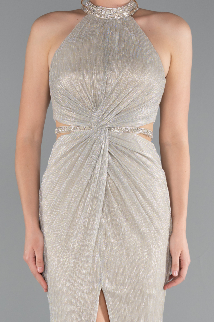 Beige Halter Neck Slit Long Evening Gown ABU4324
