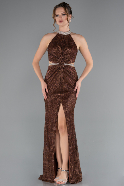 Brown Halter Neck Slit Long Evening Gown ABU4324