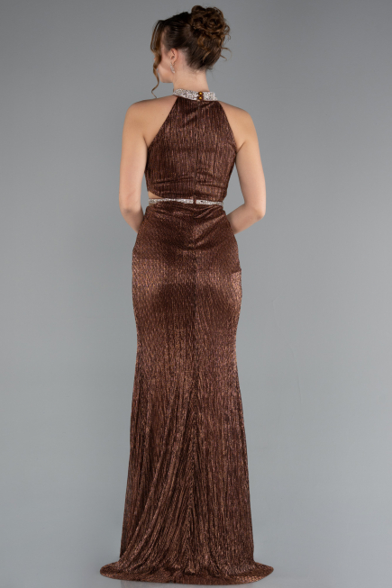 Brown Halter Neck Slit Long Evening Gown ABU4324