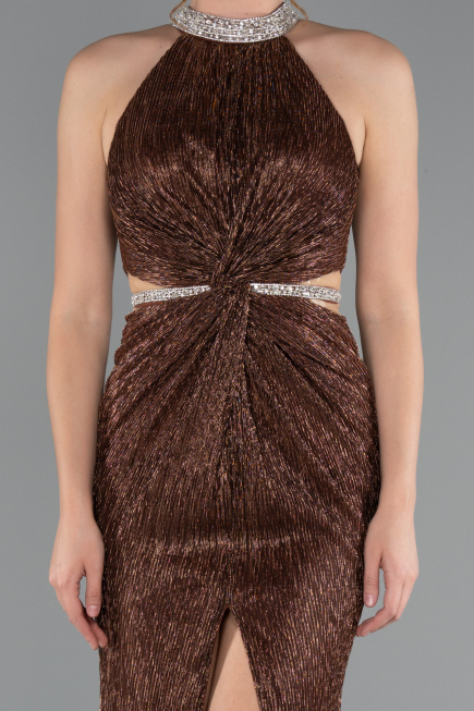 Brown Halter Neck Slit Long Evening Gown ABU4324