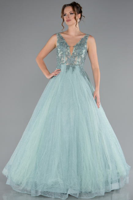 Mint Embroidered Bodice Dusty Rose Tulle Evening Gown ABU2131