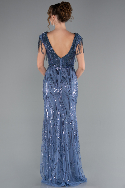 Indigo Beaded Detailed V Neck Long Sequined Evening Gown ABU5030
