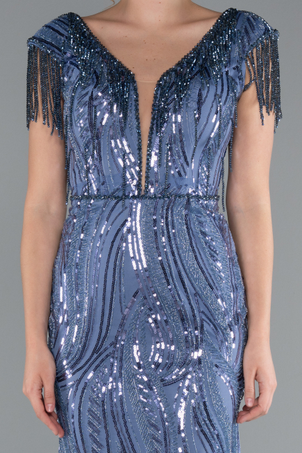 Indigo Beaded Detailed V Neck Long Sequined Evening Gown ABU5030