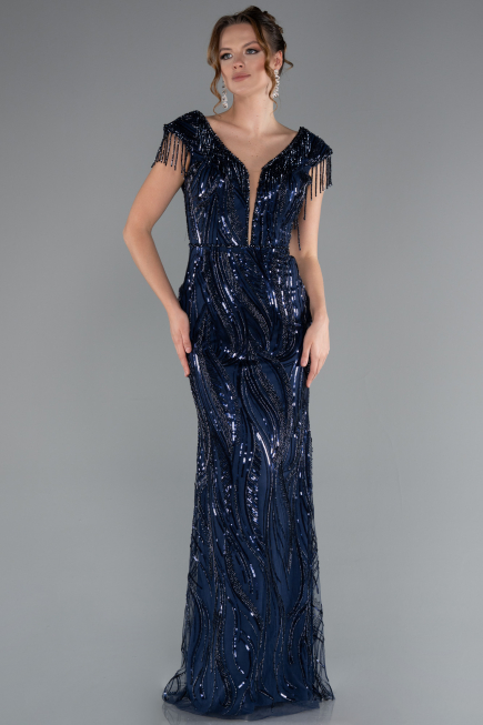 Navy Blue Beaded Detailed V Neck Long Sequined Evening Gown ABU5030