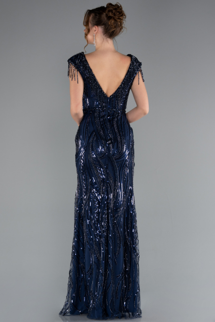 Navy Blue Beaded Detailed V Neck Long Sequined Evening Gown ABU5030