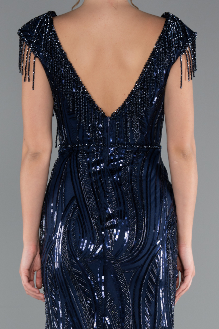 Navy Blue Beaded Detailed V Neck Long Sequined Evening Gown ABU5030