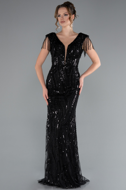 Black Beaded Detailed V Neck Long Sequined Evening Gown ABU5030