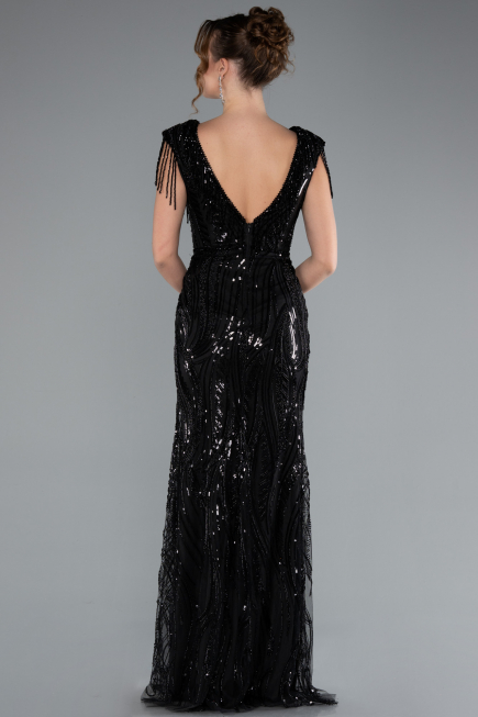 Black Beaded Detailed V Neck Long Sequined Evening Gown ABU5030