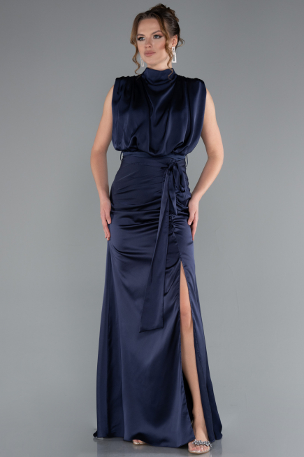 Long Navy Blue Satin Evening Dress ABU2133