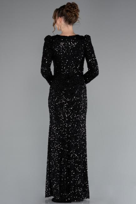 Black Long Sleeve Slit Sequined Evening Gown ABU4329