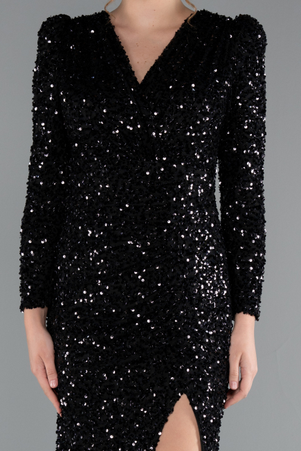Black Long Sleeve Slit Sequined Evening Gown ABU4329