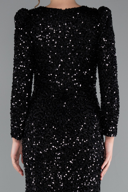 Black Long Sleeve Slit Sequined Evening Gown ABU4329