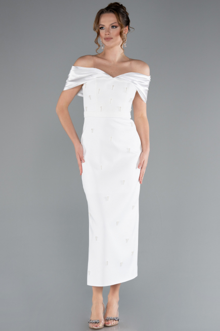 White Satin Boat Neck Stone Midi Evening Dress ABK2212